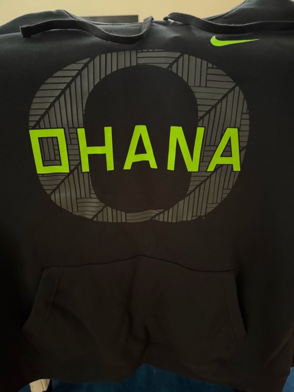 Nike Men’s Black Crewneck Sweatshirt with Neon Green OHANA Graphic